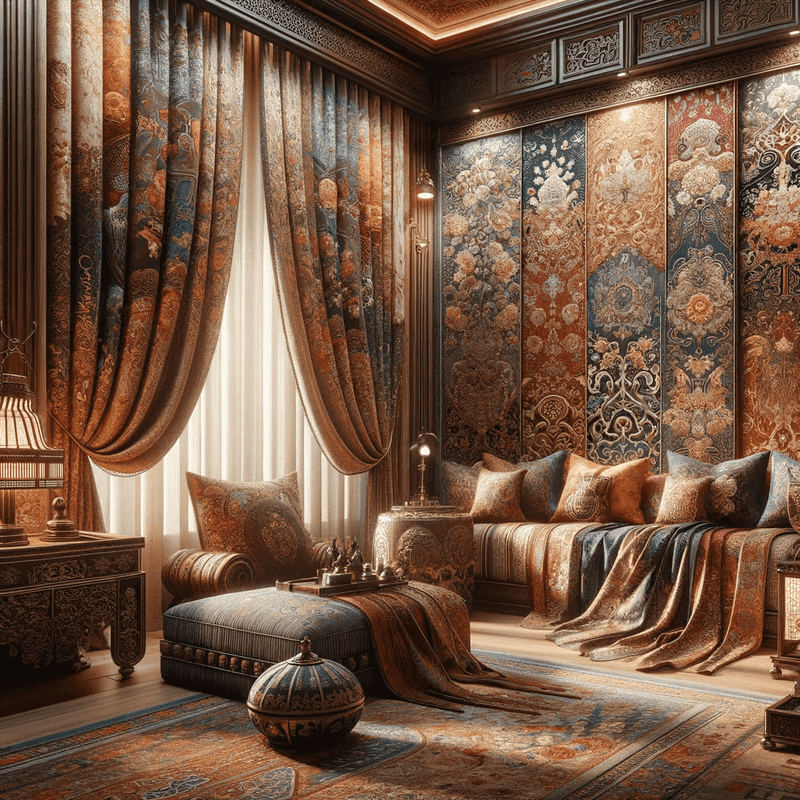 Des rideaux aux motifs orientaux aux couleurs vives et aux détails complexes, évoquant l'exotisme et l'élégance des lointaines contrées.
