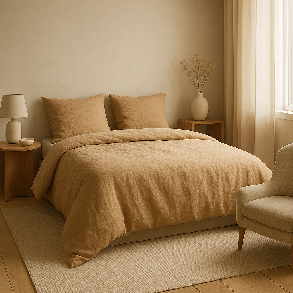 Housse de couette en lin lavé, naturel et respirant pour une chambre apaisée.