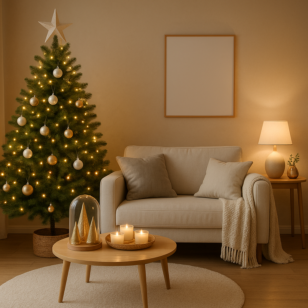 Décoration de Noël pour la maison : guirlandes lumineuses et boules rouges sur un sapin