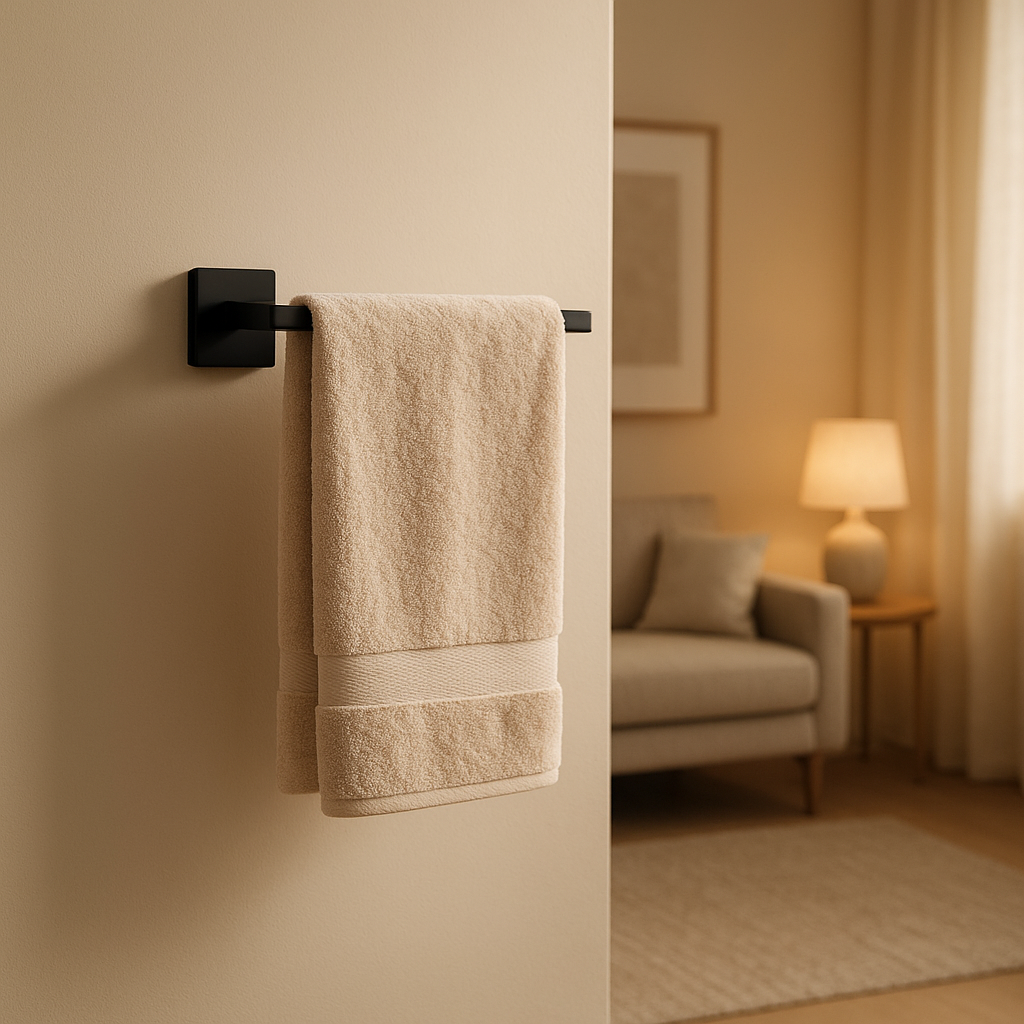Porte-serviette de salle de bain design sans perçage, pour une installation facile et réversible.