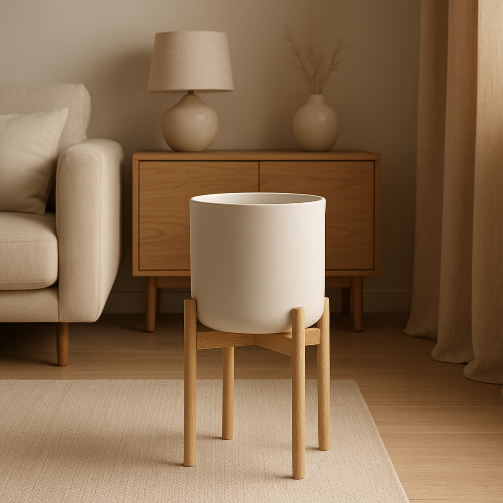 Cache pot sur pied design en métal pour plantes d'intérieur, élégant et moderne.