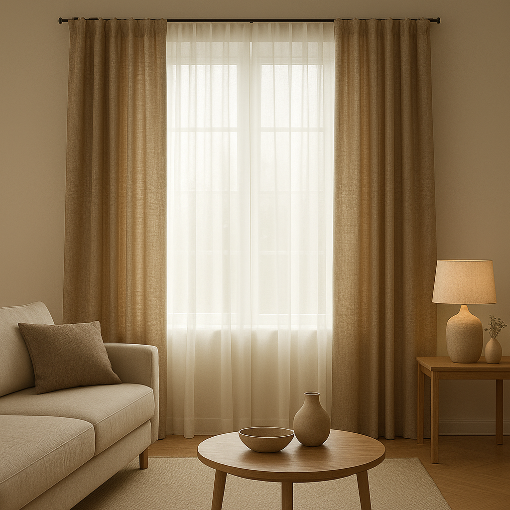 Double rideau pour salon en tissu opaque et voilage, parfait pour l'intimité et la décoration.