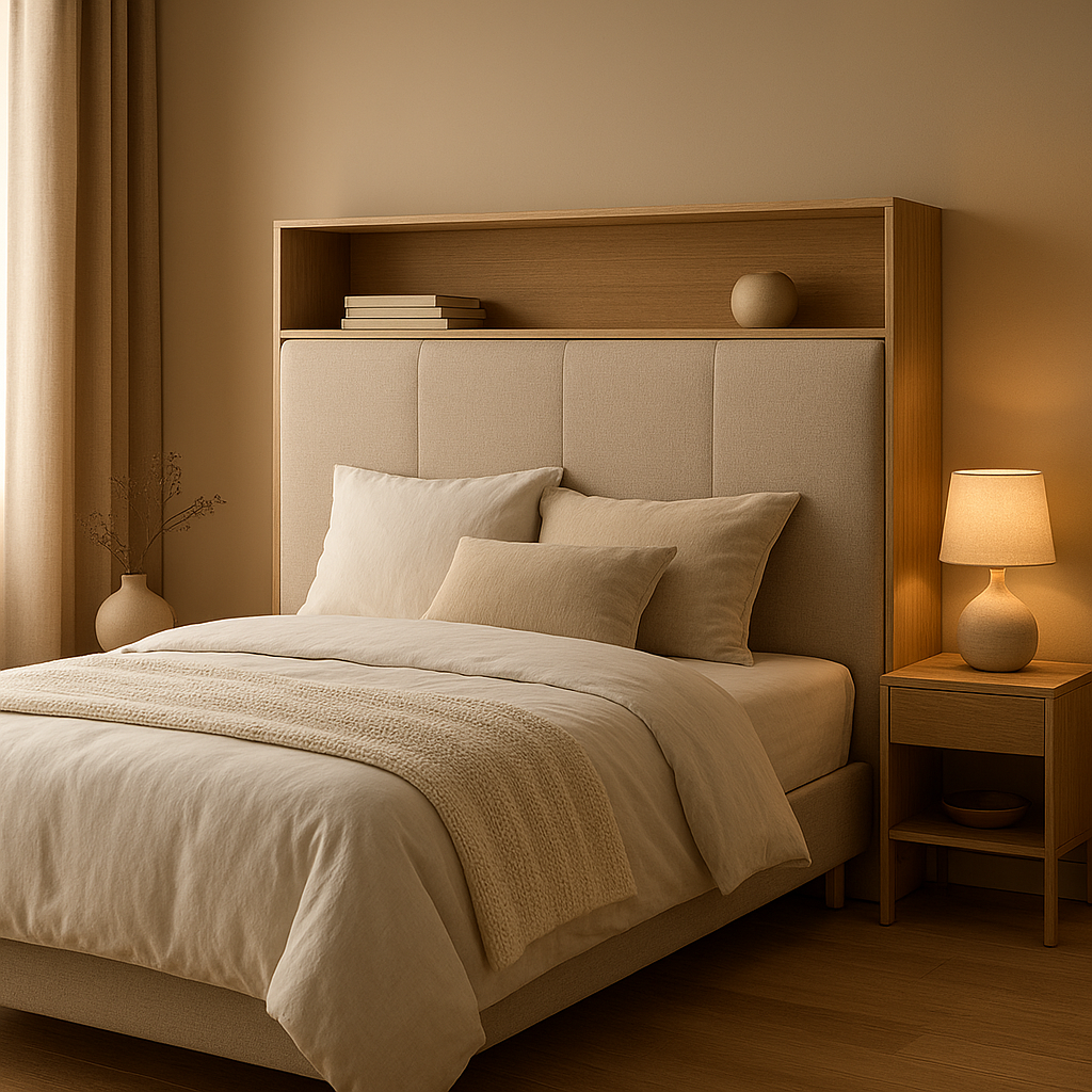 Tête de lit armoire avec rangements intégrés, gain de place et design moderne pour chambre