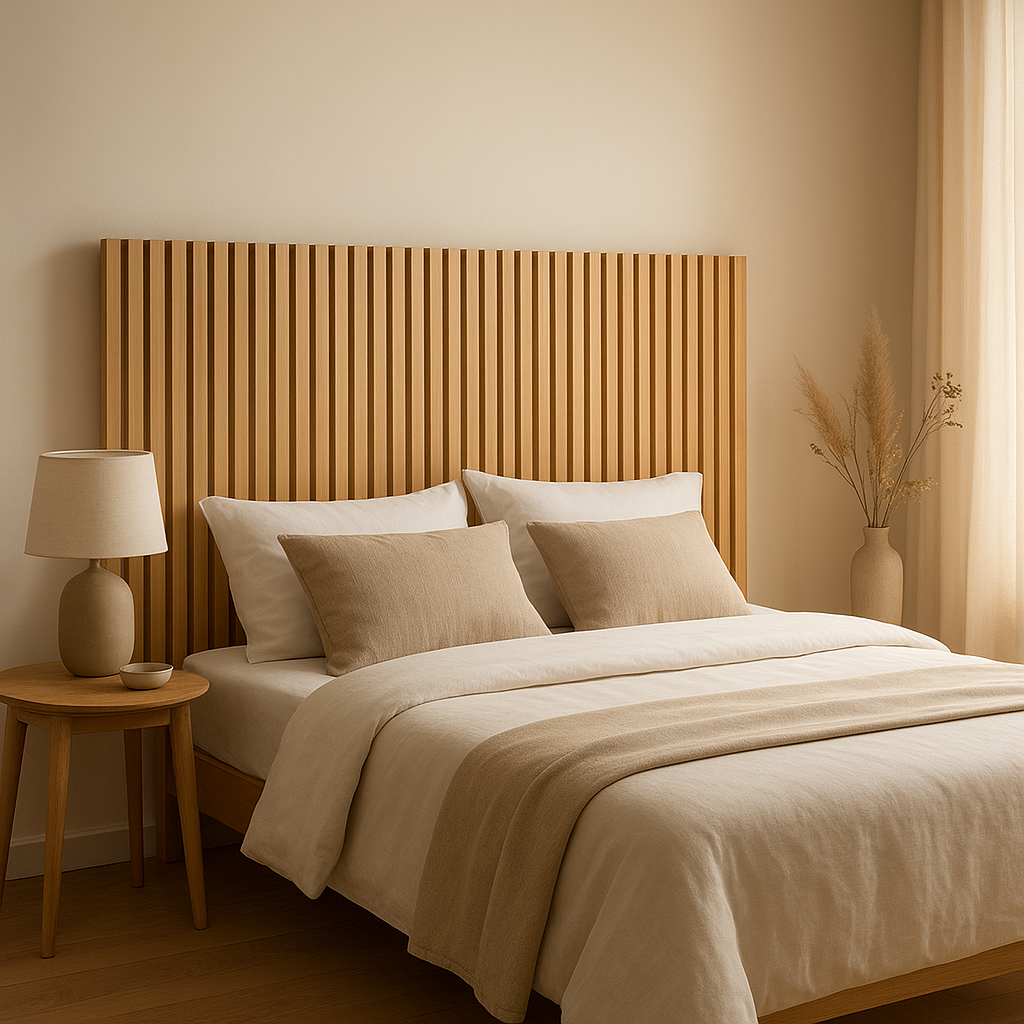 Tête de lit en tasseaux de bois naturel pour une déco chaleureuse et moderne