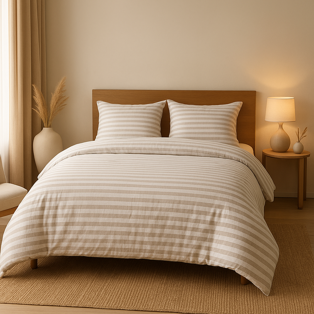 Housse de couette rayée bleue et blanche pour une déco de chambre paisible et élégante.