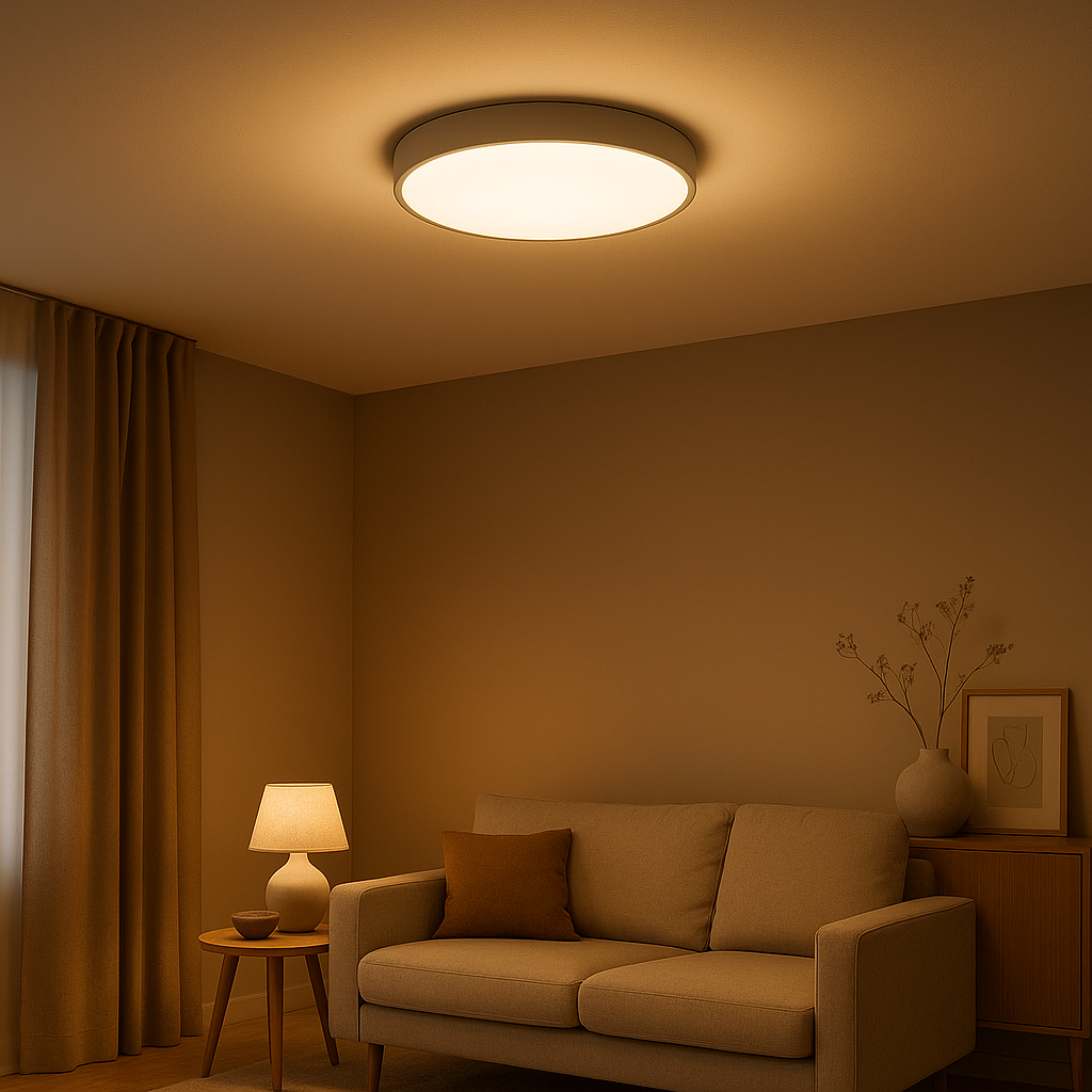 Plafonnier LED moderne pour chambre, design épuré et éclairage doux et agréable.