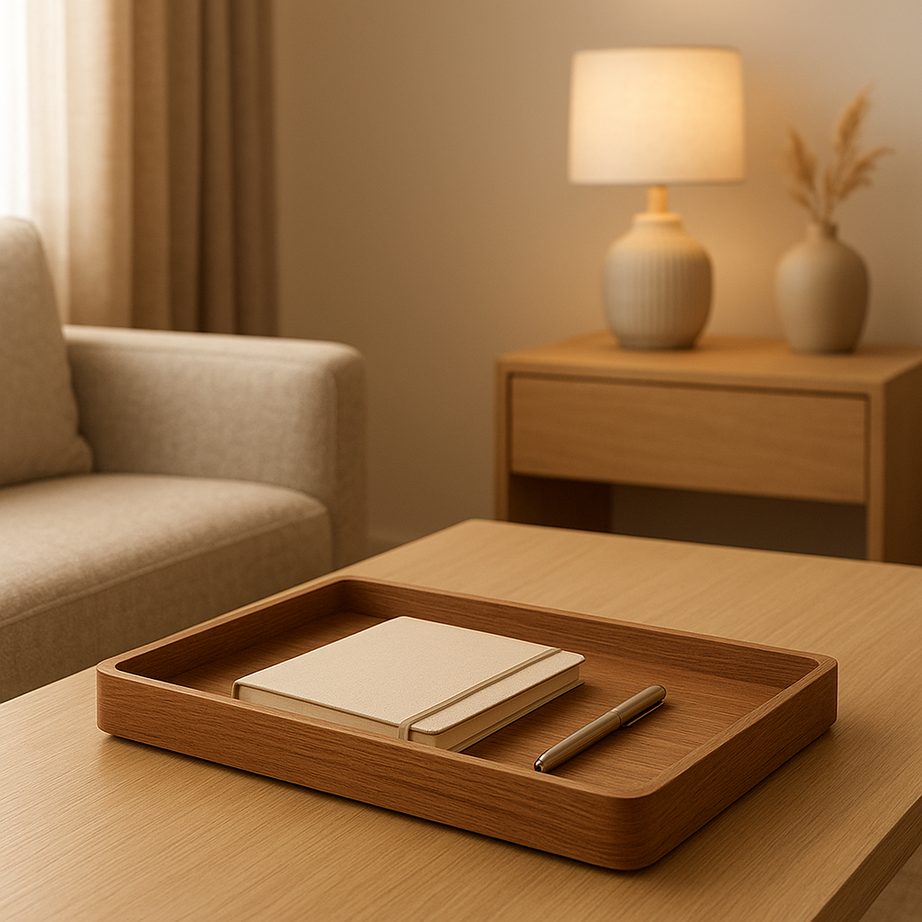 Plateau en bois bureau design pour organiser stylos et accessoires de travail