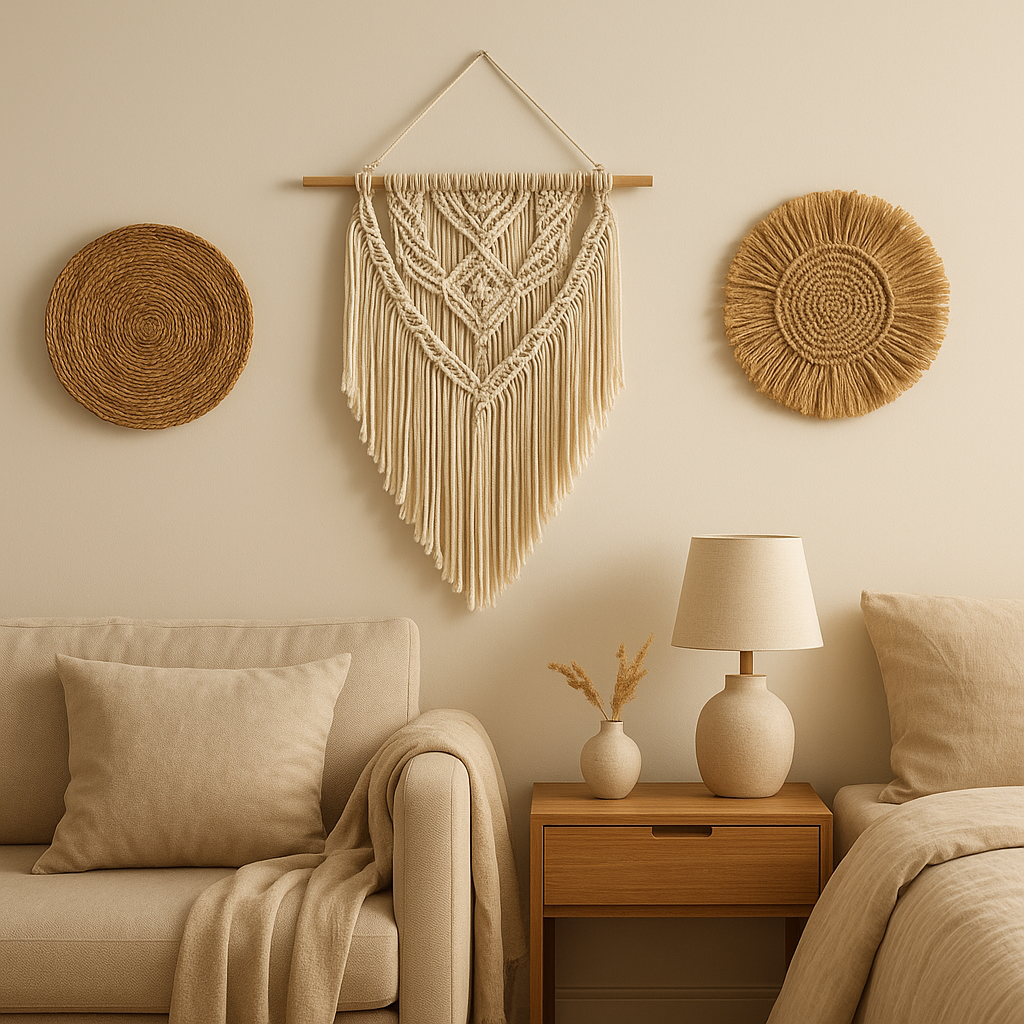 Décoration murale bohème colorée avec des motifs ethniques et des matériaux naturels pour votre intérieur.