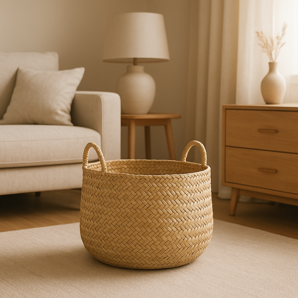 Panier de rangement décoratif en osier naturel pour une déco intérieure pratique et élégante.