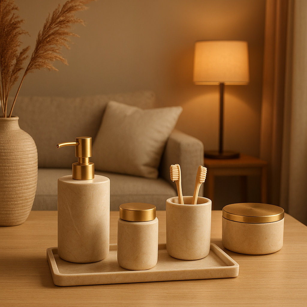 Accessoire luxe salle de bain en marbre et laiton pour une élégance intemporelle