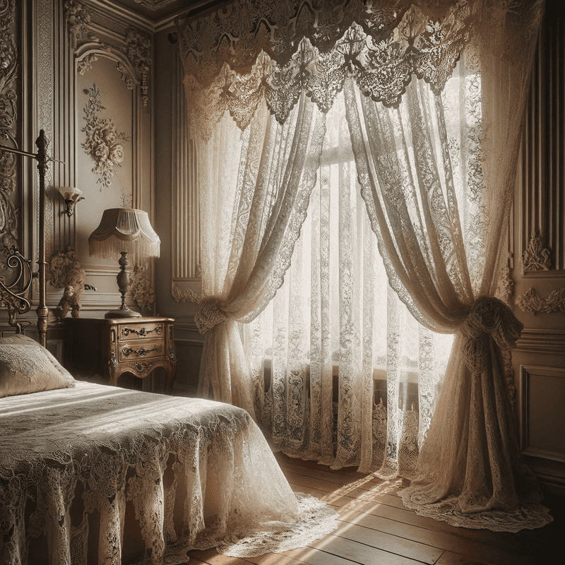 Des rideaux en dentelle délicate, ornés de motifs fins et élégants, apportant une touche de raffinement et de légèreté à votre intérieur.