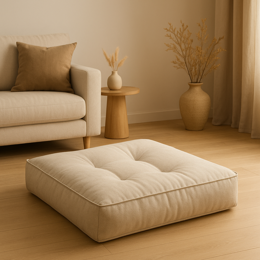Gros coussin de sol moelleux pour un coin détente ou une décoration d'intérieur confortable.