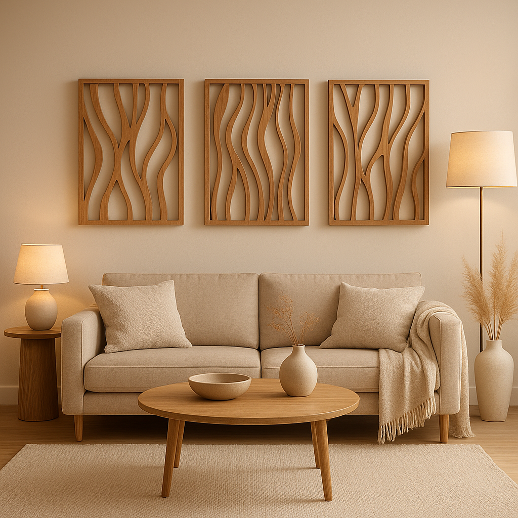 Décoration murale en bois design, panneau sculptural naturel pour un intérieur moderne et chaleureux.