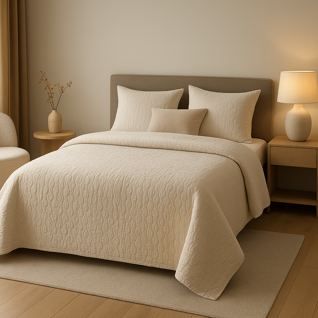 Couvre-lit élégant pour chambre moderne, apportant confort et style à votre décoration intérieure.