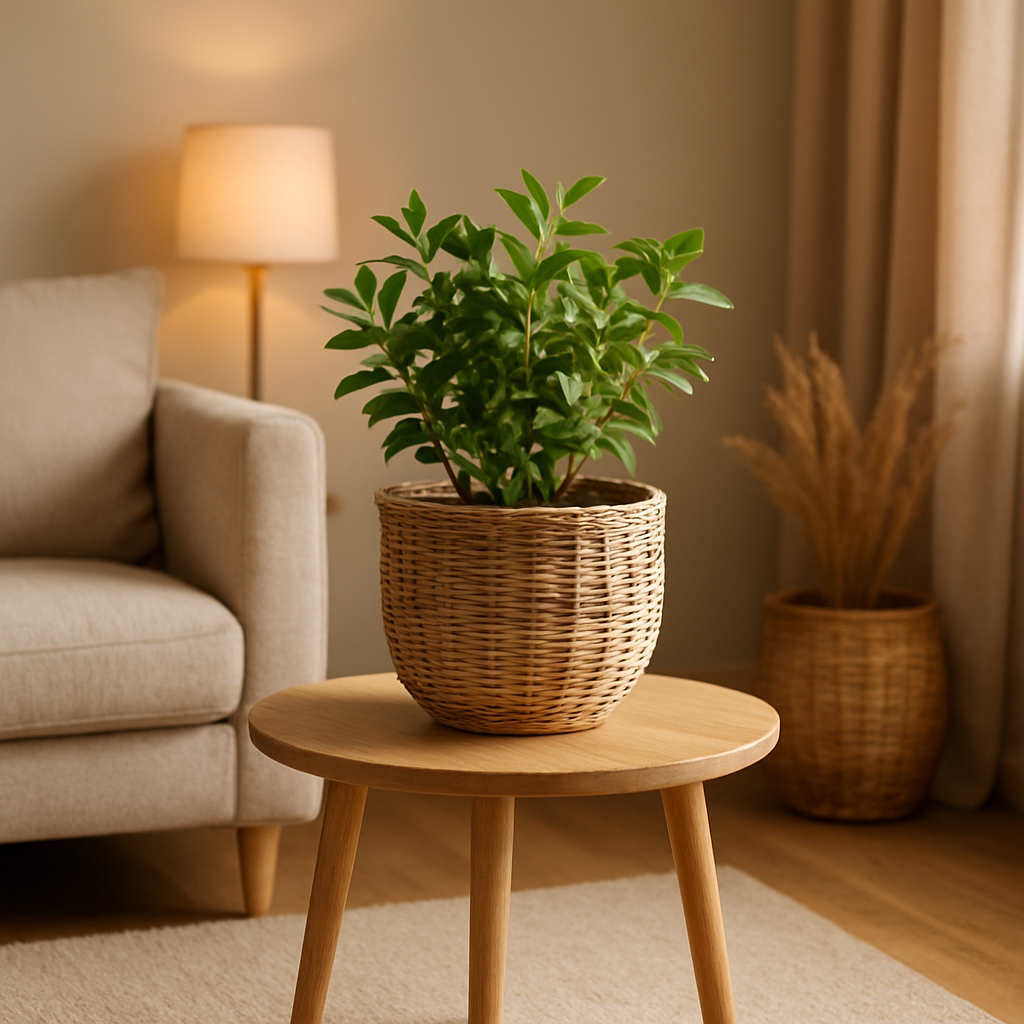Cache pot en osier naturel pour plantes d'intérieur, idéal pour déco et rangement.