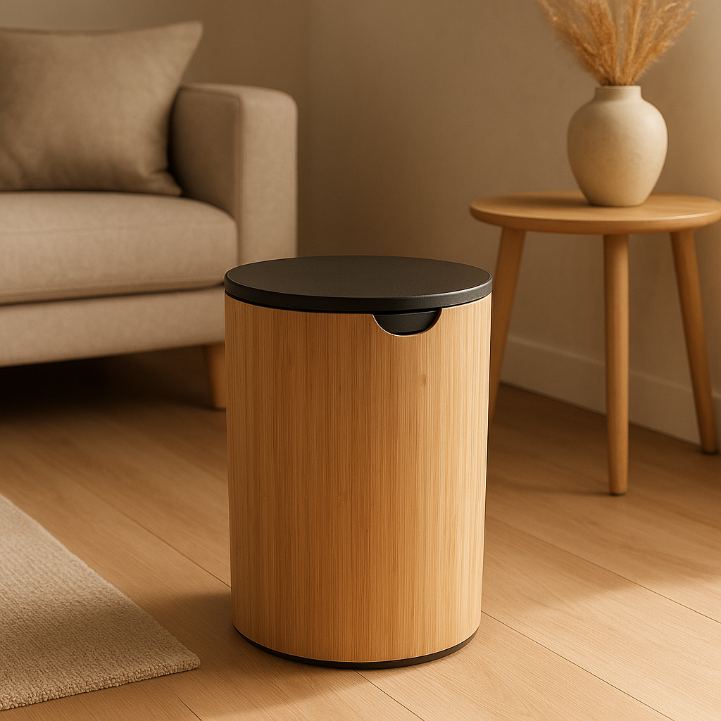 Poubelle de salle de bain en bois naturel avec couvercle, rangement élégant et design