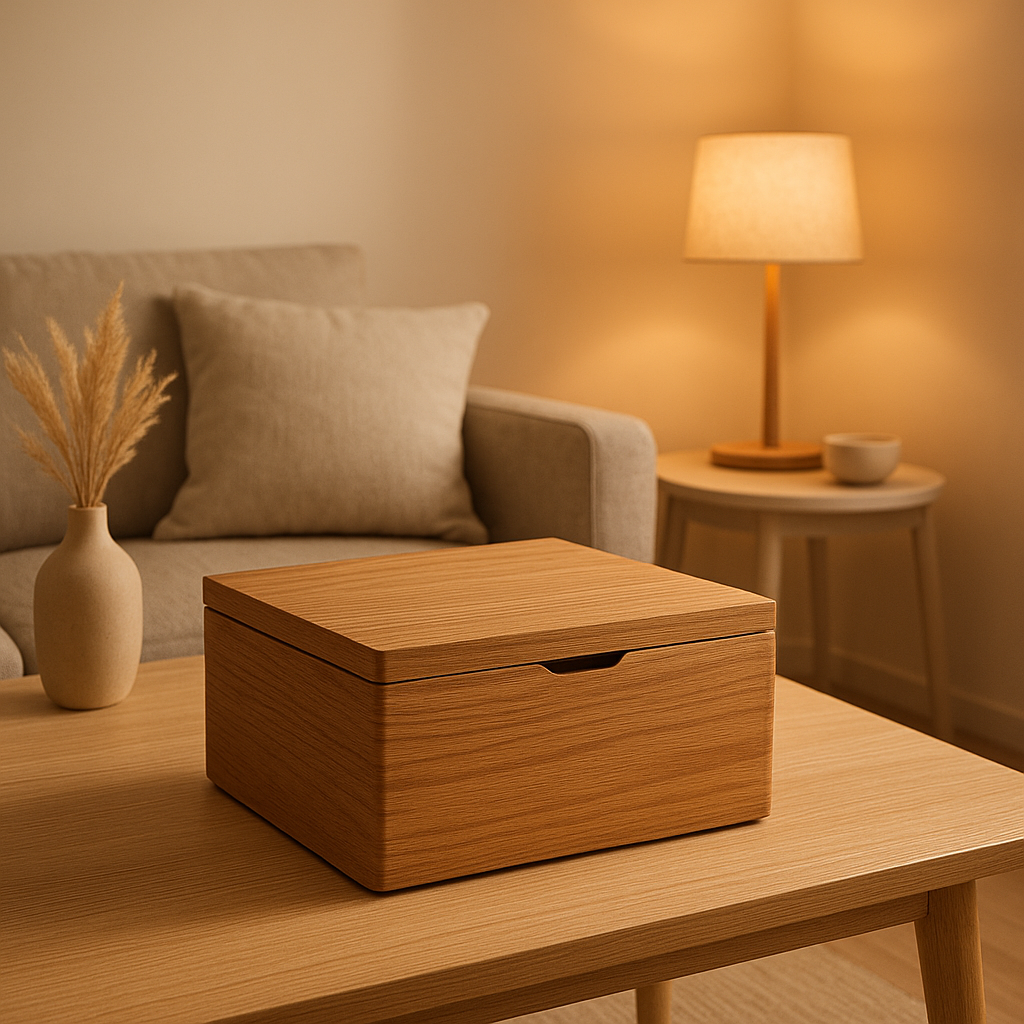 Boîte de rangement en bois naturel pour optimiser l'organisation intérieure avec élégance.