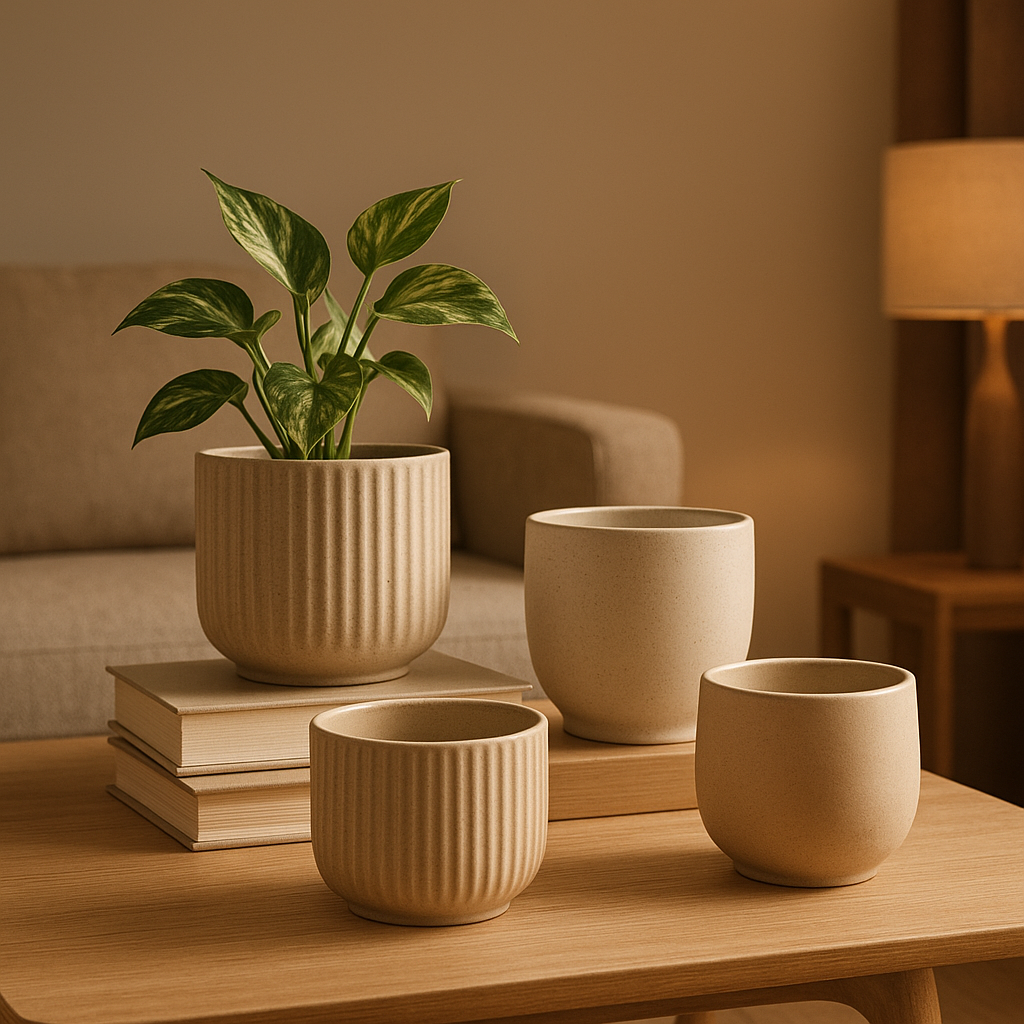 Cache pots design pour plantes d'intérieur, élégants et modernes, en divers matériaux et coloris.