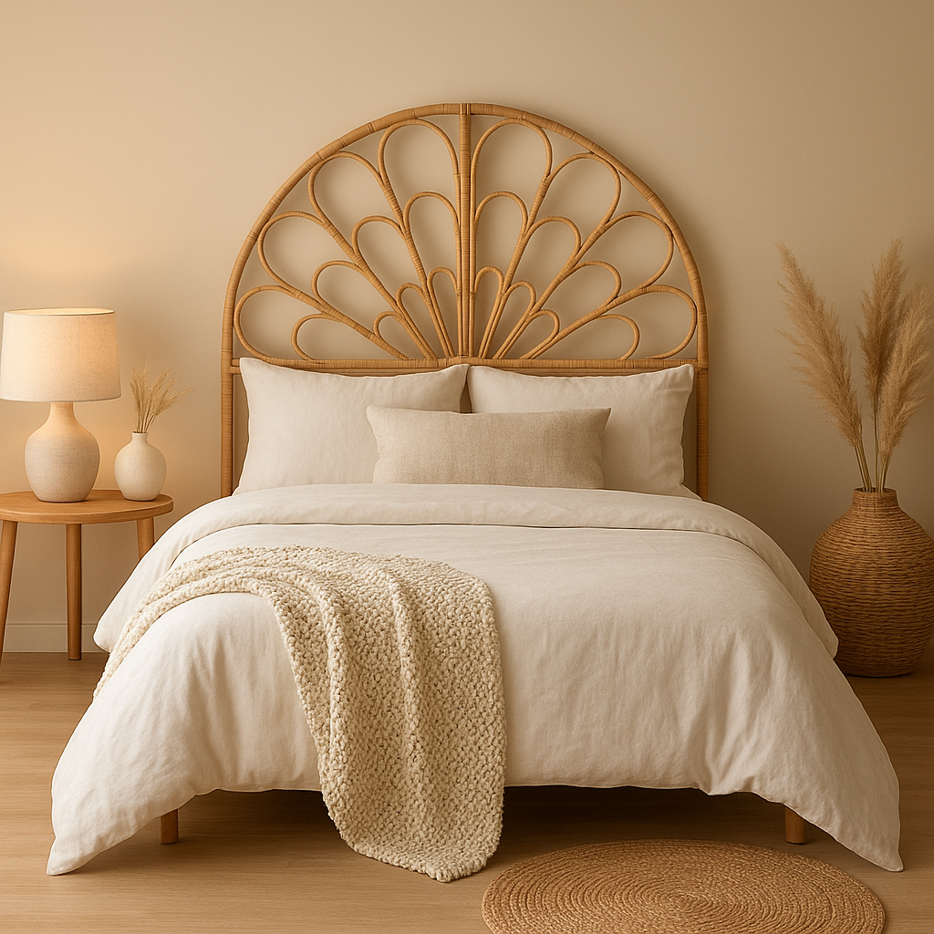 Tête de lit bohème en rotin naturel pour une chambre déco ethnique et chaleureuse