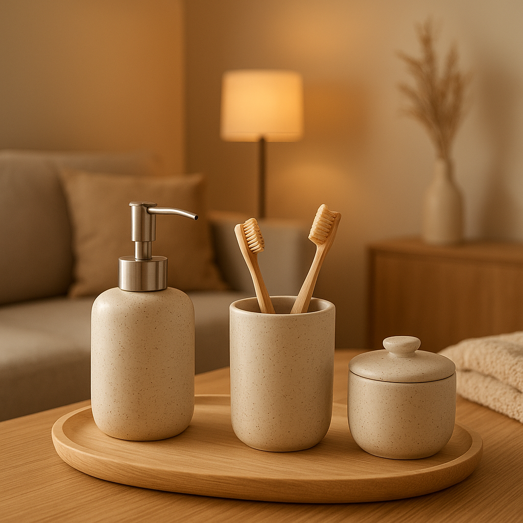 Set salle de bain élégant avec miroir, meuble vasque et rangements pour une ambiance apaisante.