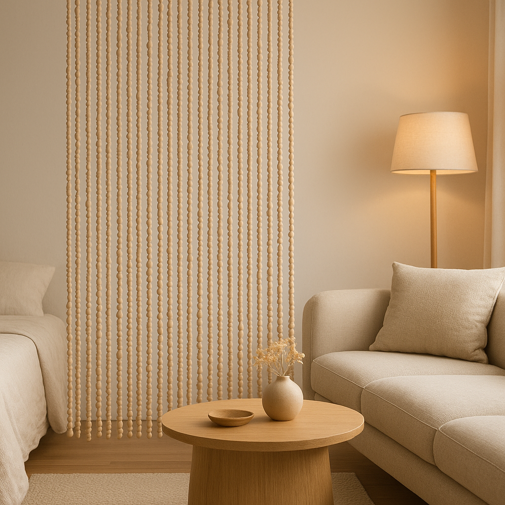 Rideau de perles de bois naturel pour séparateur d'espace et décoration intérieure bohème
