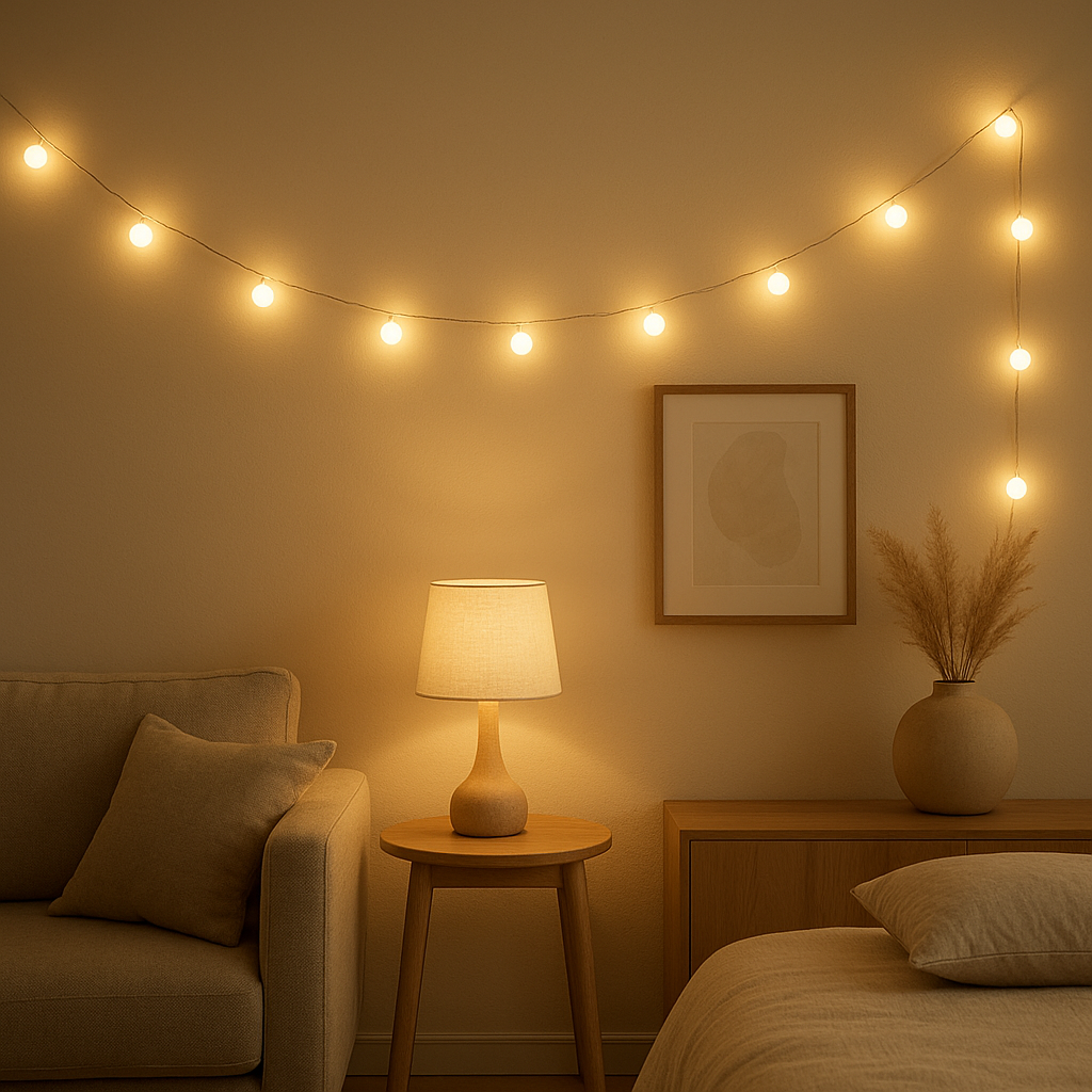 Guirlande lumineuse LED pour chambre, créant une ambiance douce et apaisante avec ses lumières chaleureuses.