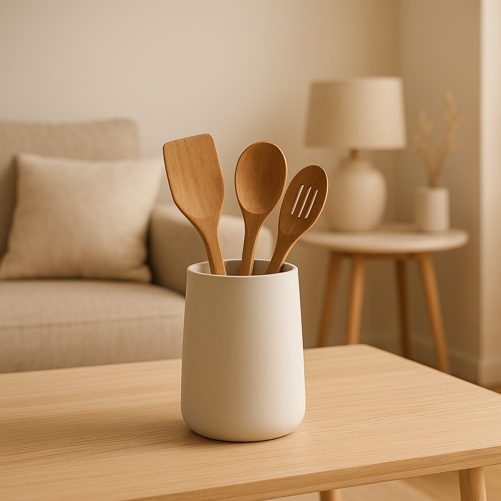 Pot à ustensiles de cuisine en céramique pour ranger vos cuillères en bois sur le plan de travail.