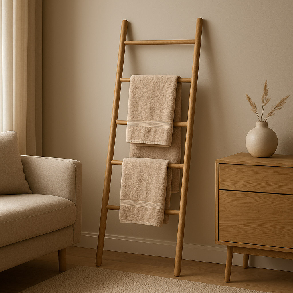 Meuble serviette en bois pour salle de bain, rangement élégant et pratique pour serviettes et accessoires.