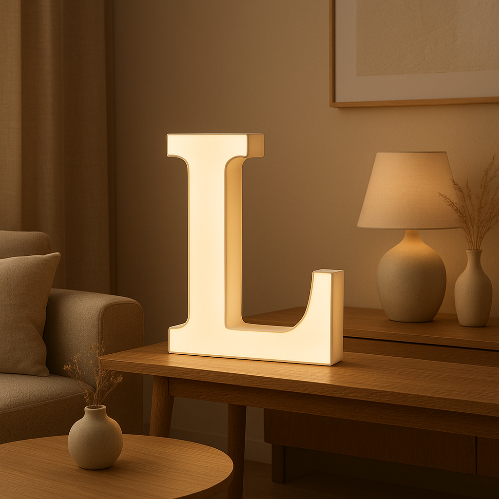 Lettre L lumineuse pour décorer votre intérieur avec une ambiance chaleureuse et moderne.