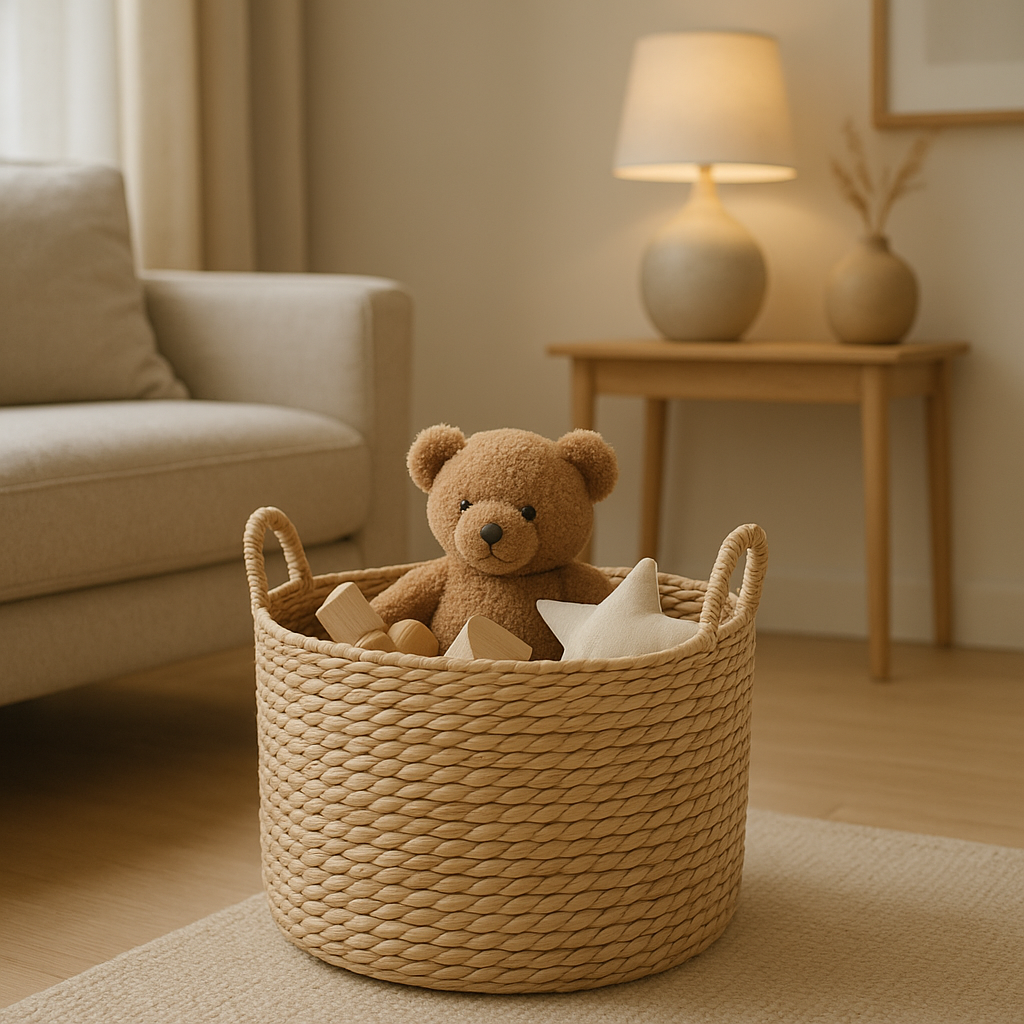 Panier de rangement pour jouets en tissu, idéal pour garder la chambre d'enfant ordonnée.