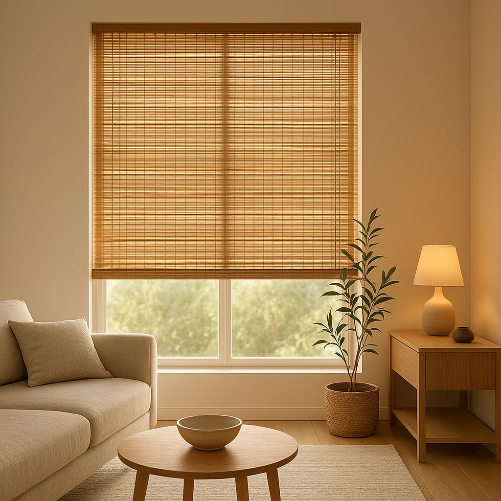 Rideau en bambou naturel pour terrasse et jardin, protection solaire et intimité extérieure.