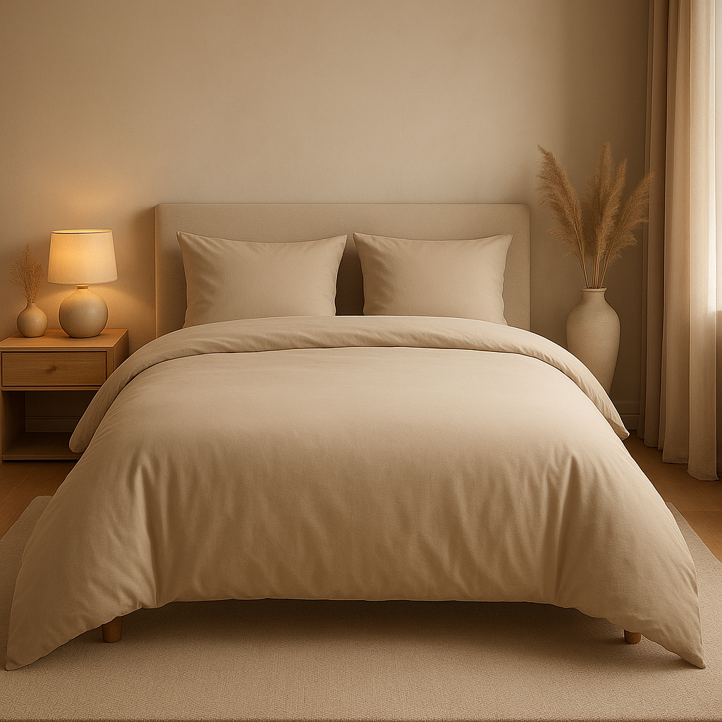 Housse de couette beige en coton percale, élégante et apaisante pour une chambre zen