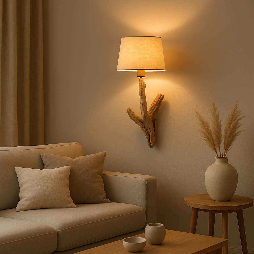Applique murale en bois flotté naturel, éclairage d'ambiance chaleureux pour votre décoration intérieure.