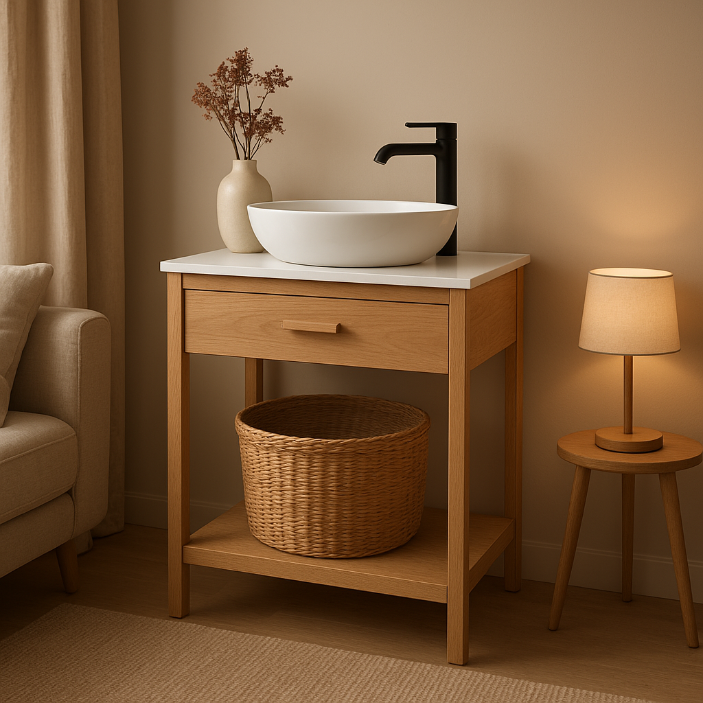 Meuble de salle de bain blanc avec un grand panier à linge en osier intégré pour un rangement élégant.