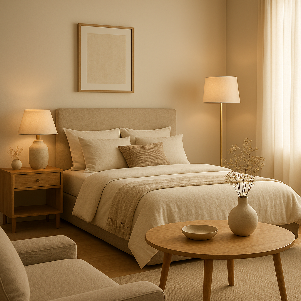 Décoration chambre adulte chic avec lit à la tête de lit capitonnée et ambiance élégante et apaisante.