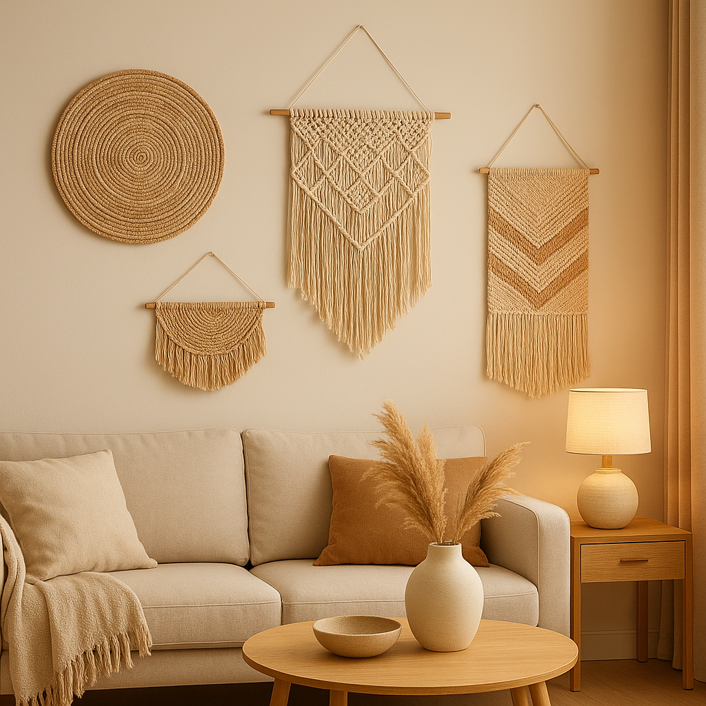 Décoration murale bohème chic avec macramé, miroirs soleil et motifs ethniques pour une ambiance chaleureuse.