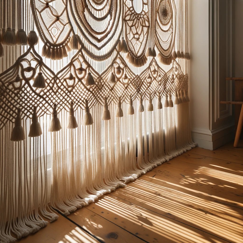 Des rideaux en macramé aux motifs délicats et aérés, apportant une touche bohème et chaleureuse à votre intérieur.