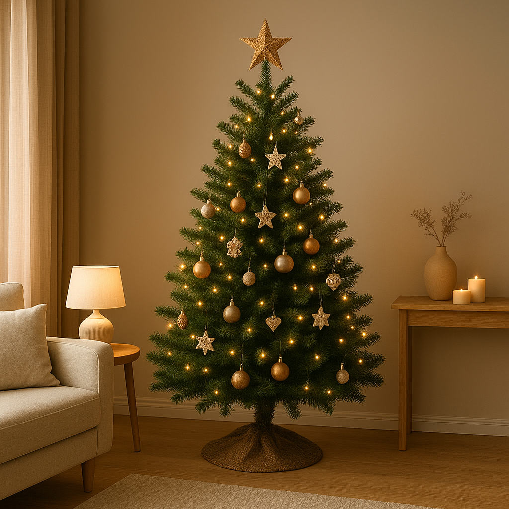 Sapin de Noël traditionnel décoré de boules rouges et dorées, guirlandes lumineuses et étoile scintillante