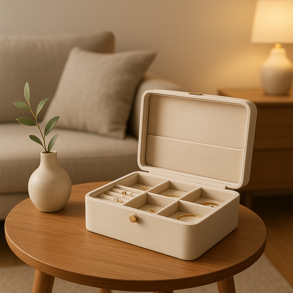 Boîte à bijoux originale en bois avec plusieurs compartiments pour ranger vos précieux accessoires.