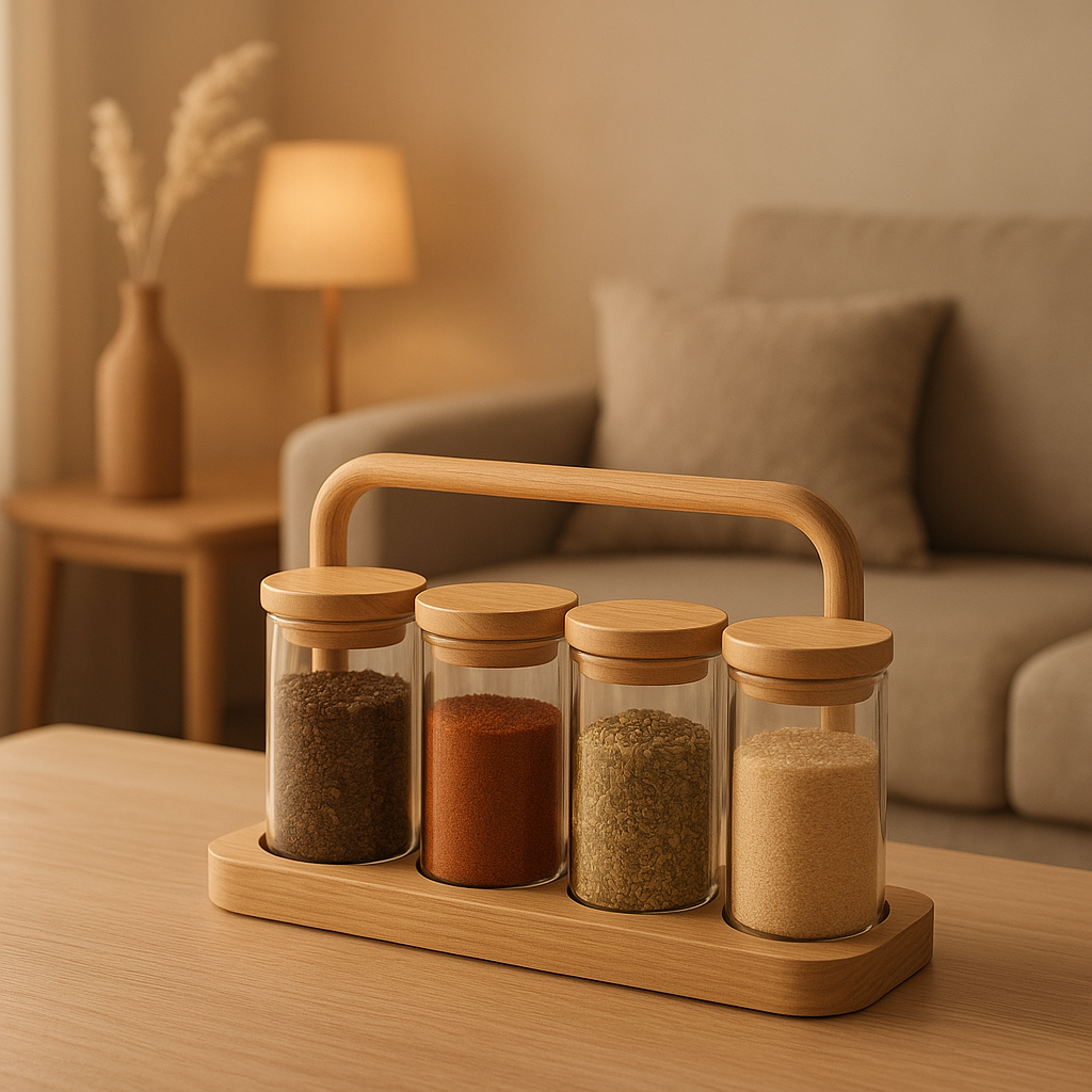 Porte-épices mural en bois avec 12 pots en verre pour une cuisine organisée et élégante.