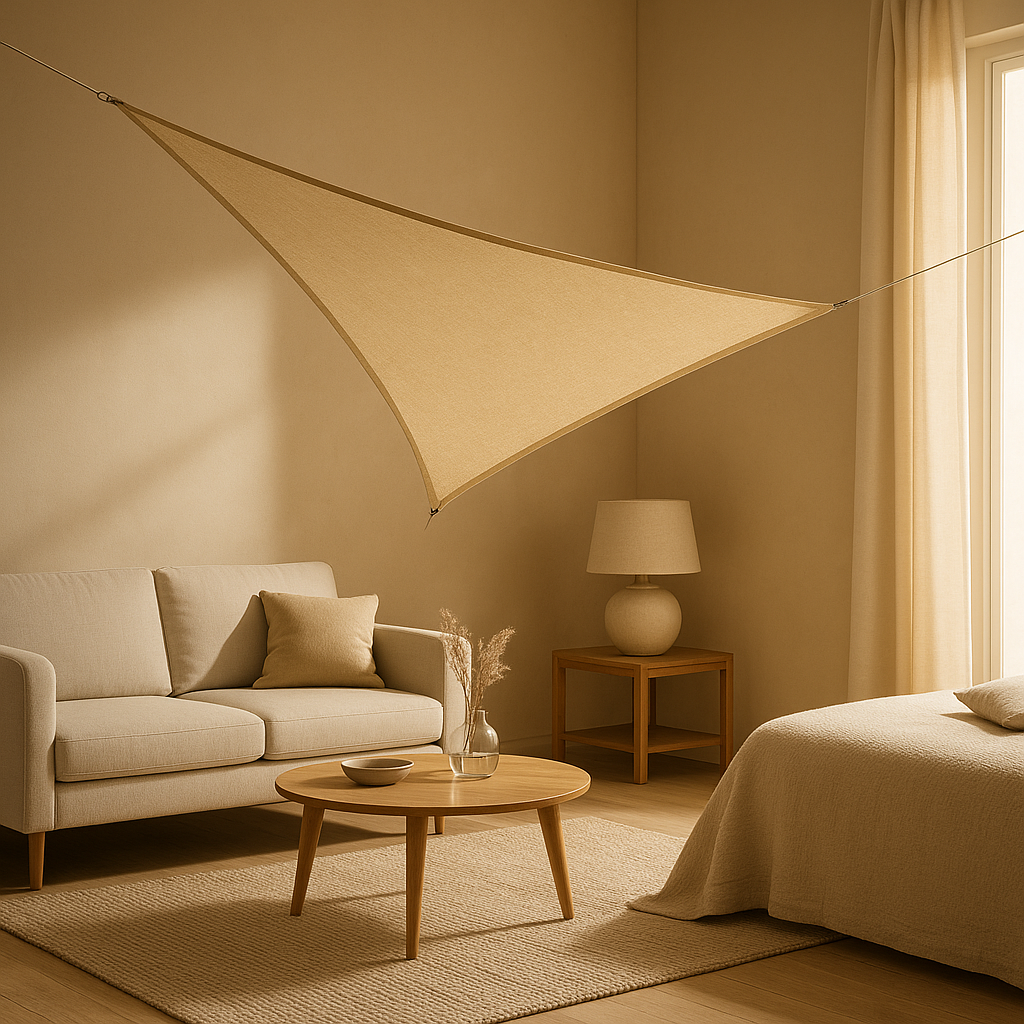 Voile d'ombrage triangulaire pour terrasse et jardin, protection solaire élégante et ajustable.