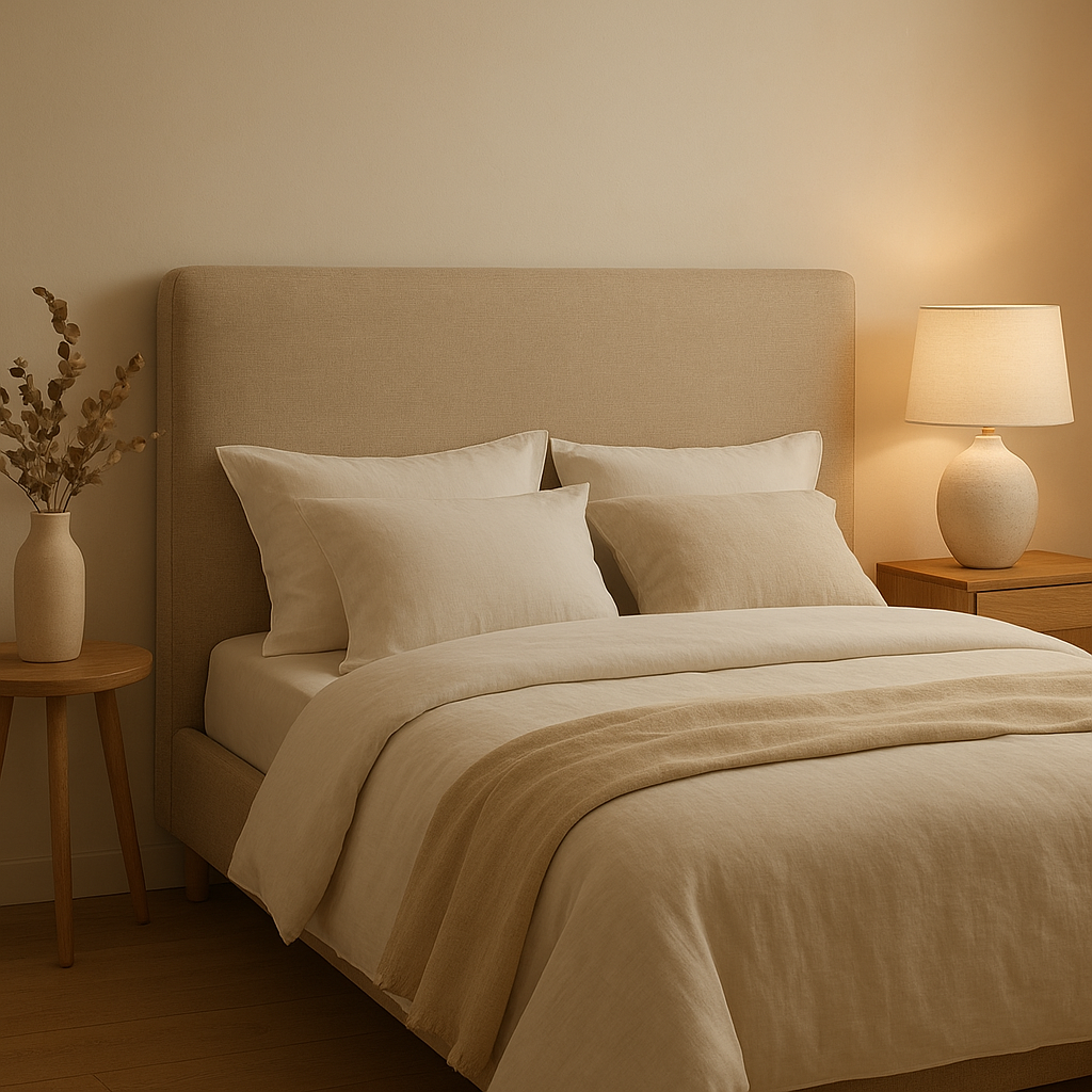 Tête de lit en lin naturel, design épuré pour une chambre zen et apaisante.