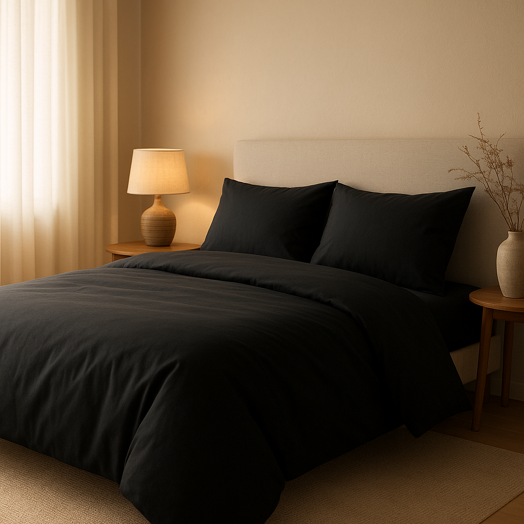Housse de couette noire en coton pour une chambre élégante et apaisante