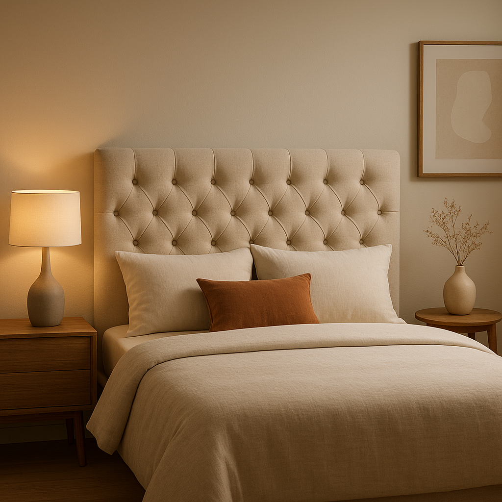 Tête de lit capitonnée en tissu gris, design moderne pour chambre à coucher élégante.