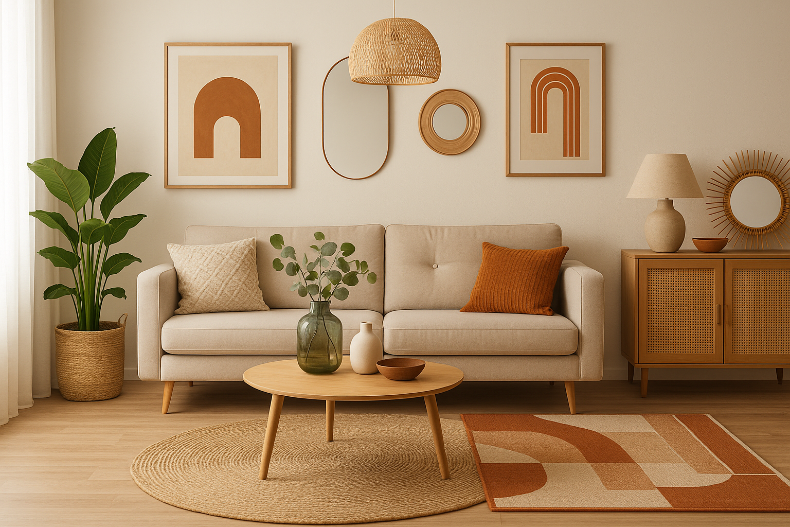 Salon décoré dans un style moderne et chaleureux avec des tons neutres, un canapé beige, des coussins texturés, un tapis en jute, une table en bois clair, des plantes vertes et des cadres graphiques aux teintes terracotta sur un mur crème.