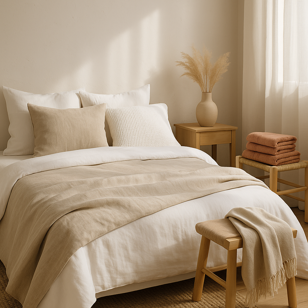 Chambre décorée avec élégance mettant en valeur du linge de maison haut de gamme : draps blancs, housse de couette en lin naturel, serviettes en coton terracotta pliées, coussins texturés, et lumière douce filtrée par des rideaux beiges.