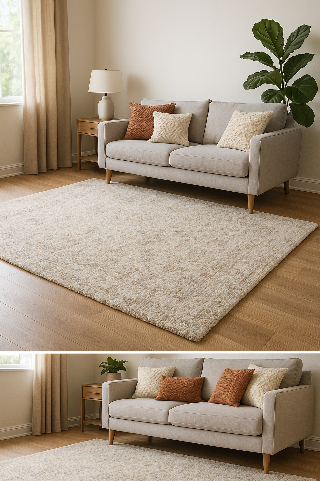 Salon moderne avec tapis épais crème sur parquet clair, canapé gris clair décoré de coussins texturés, rideaux beiges, plante verte et lumière naturelle tamisée.