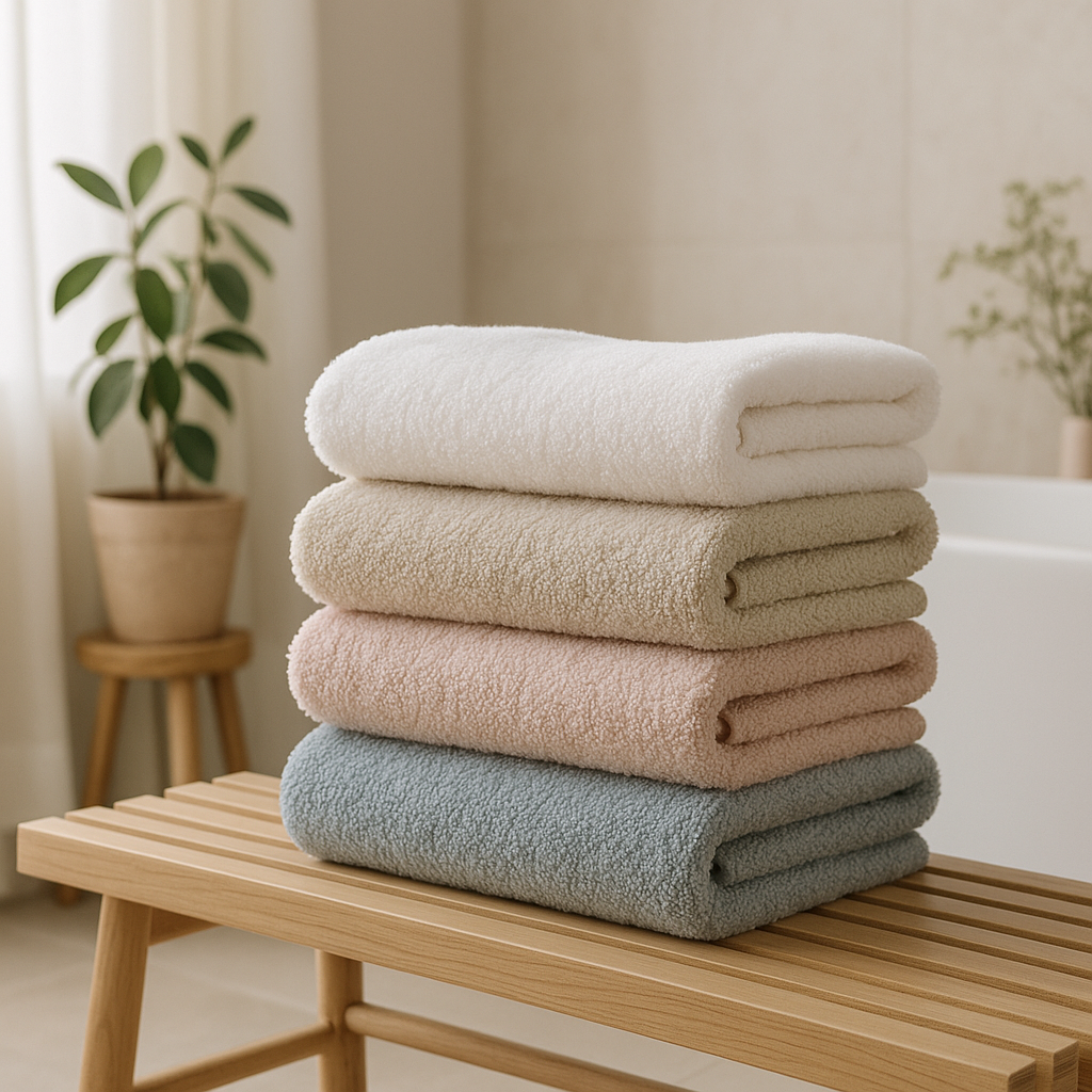 Pile de serviettes de bain en coton doux — blanche, beige, rose poudré et bleu pastel — posée sur un banc en bois dans une salle de bain lumineuse avec ambiance naturelle et plantes vertes.