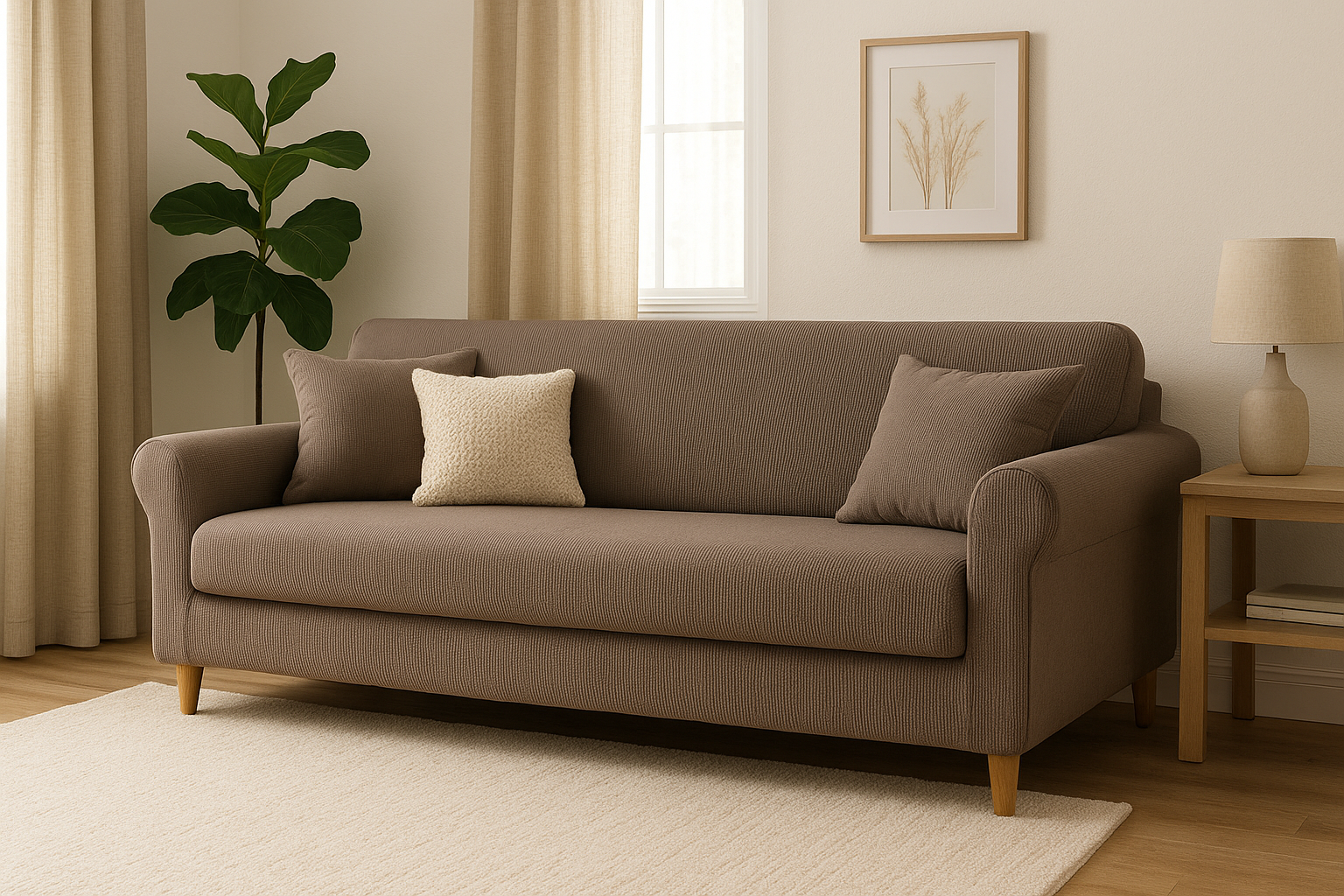 Salon moderne avec canapé droit recouvert d’une housse taupe texturée, posé sur un tapis clair, avec coussins assortis, rideaux beige clair, mobilier en bois et plante verte d’intérieur.