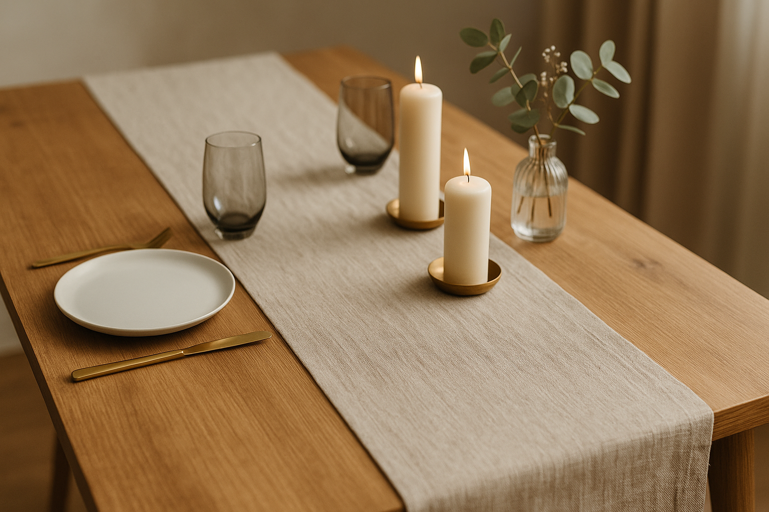 Chemin de table en lin beige sur table en bois, bougies dorées et verres fumés, style scandinave chic pour salle à manger